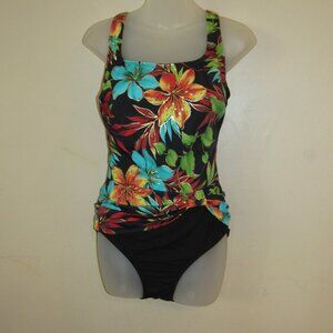 Longitude Black Gold Hawaiian Print Powernet Tummy Control One Piece Swimsuit 12